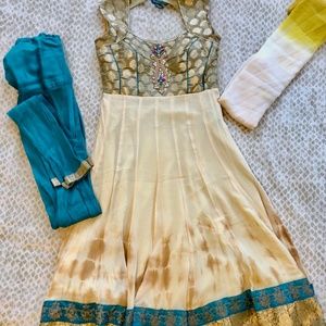 Cream and teal Anarkali Set